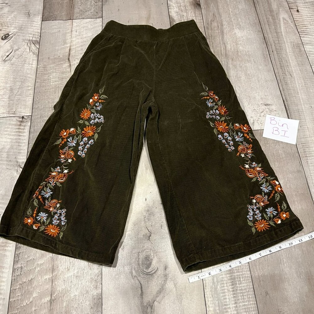 NWOT Embroidered Corduroy CROP WIDE-LEG PANT Garden Topiary Olive Green Bi